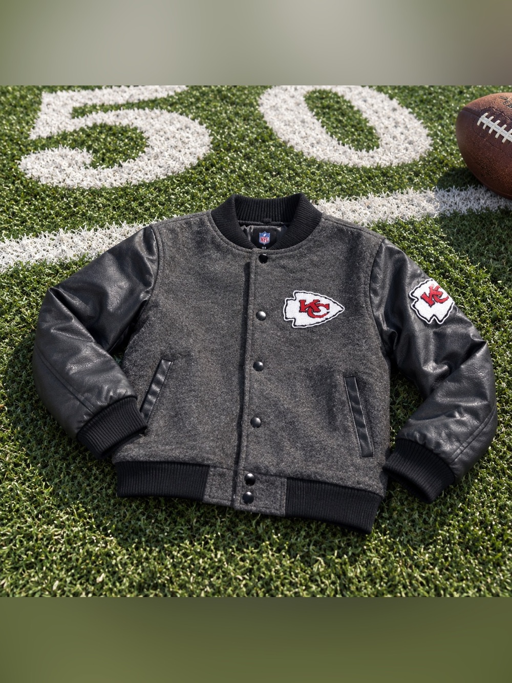NWT! NFL $155 KC Chiefs Kids Grey & Black Chenille Bomber Jacket - 10/12, 14/16